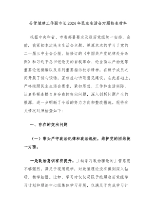分管城建工作副市长2024年民主生活会对照检查材料