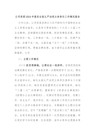 公司党委2024年落实全面从严治党主体责任工作情况报告