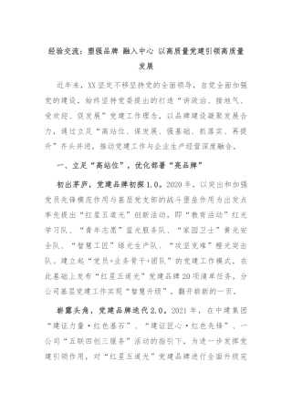 经验交流：塑强品牌 融入中心 以高质量党建引领高质量发展