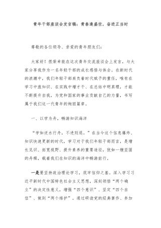 青年干部座谈会发言稿：青春逢盛世，奋进正当时