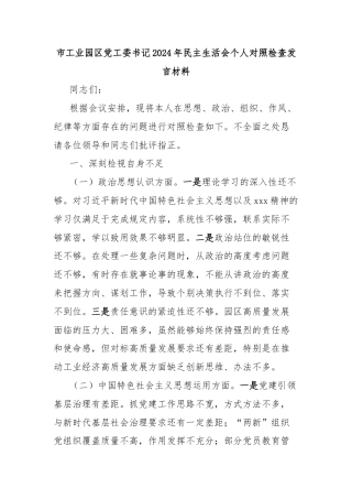 市工业园区党工委书记2024年民主生活会个人对照检查发言材料