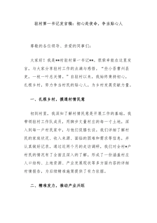 驻村第一书记发言稿：初心赴使命，争当贴心人