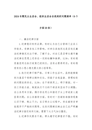 (6个方面20条)2024专题民主生活会、组织生活会自我剖析问题清单