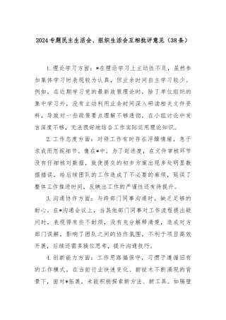 (38条)2024专题民主生活会、组织生活会互相批评意见
