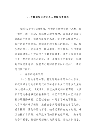 xx专题组织生活会个人对照检查材料