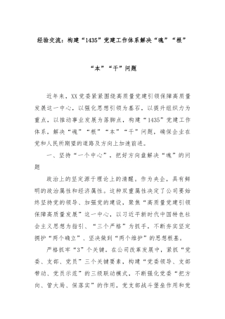 经验交流：构建“1435”党建工作体系解决“魂”“根”“本”“干”问题