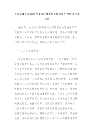 生态环境分局2024年生态环境保护工作总结及2025年工作计划