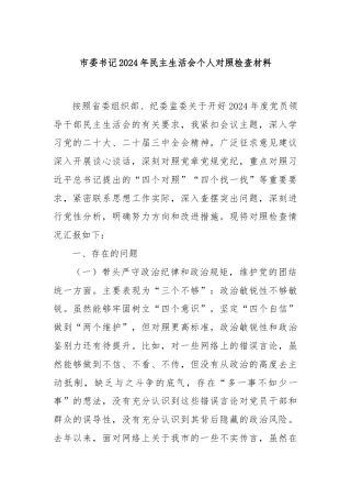 市委书记2024年民主生活会个人对照检查材料