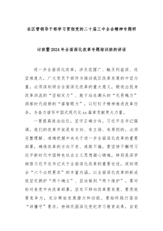 在区管领导干部学习贯彻党的二十届三中全会精神专题研讨班暨2024年全面深化改革专题培训班的讲话
