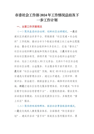 市委社会工作部2024年工作情况总结及下一步工作计划