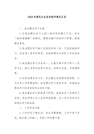 2024年度民主生活会批评意见汇总