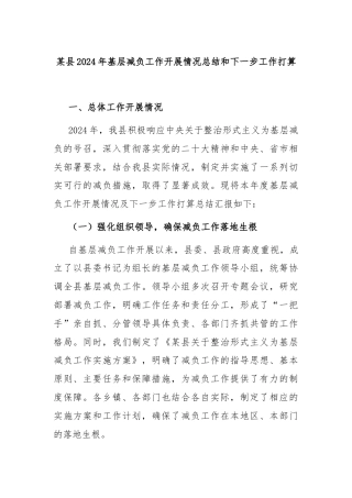 某县2024年基层减负工作开展情况总结和下一步工作打算