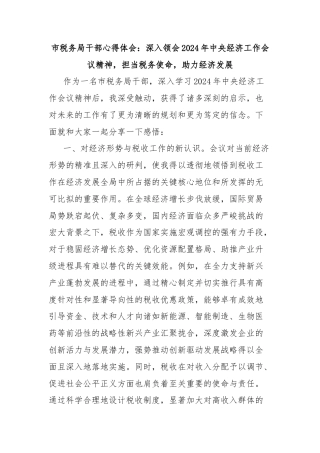 市税务局干部心得体会：深入领会2024年中央经济工作会议精神，担当税务使命，助力经济发展