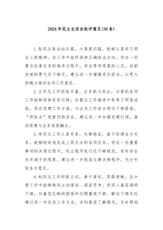 (30条)2024年民主生活会批评意见