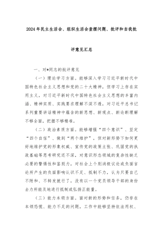 2024年民主生活会、组织生活会查摆问题、批评和自我批评意见汇总