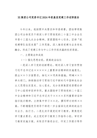 XX集团公司党委书记2024年抓基层党建工作述职报告