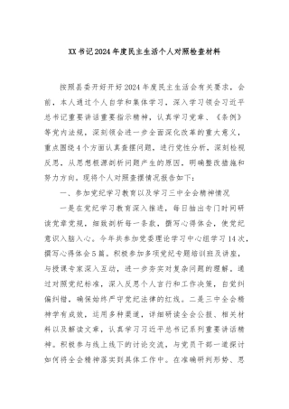 XX书记2024年度民主生活个人对照检查材料