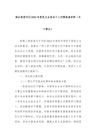 国企党委书记2024年度民主生活会个人对照检查材料（五个带头）