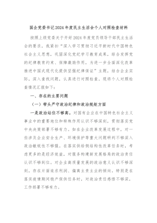 国企党委书记2024年度民主生活会个人对照检查材料