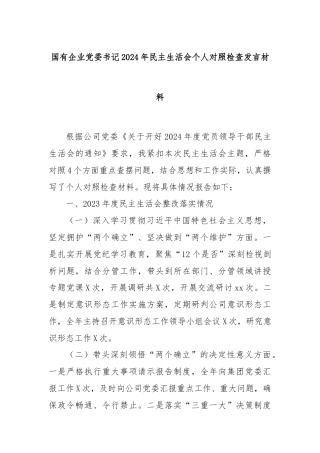 国有企业党委书记2024年民主生活会个人对照检查发言材料