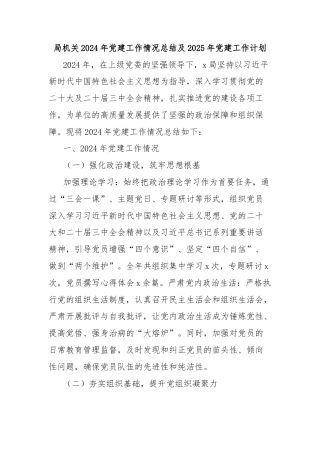 局机关2024年党建工作情况总结及2025年党建工作计划