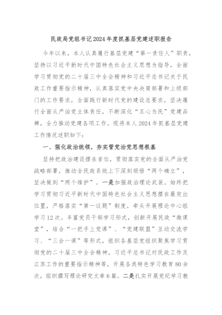 民政局党组书记2024年度抓基层党建述职报告