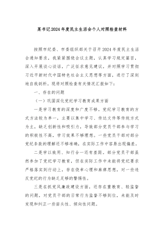 某书记2024年度民主生活会个人对照检查材料