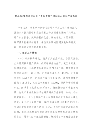 某县2024年学习运用“千万工程”推动乡村振兴工作总结