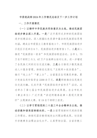 市委统战部2024年工作情况总结及下一步工作计划