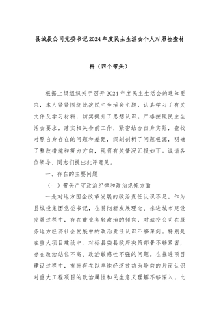 县城投公司党委书记2024年度民主生活会个人对照检查材料