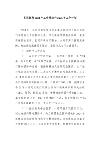 县医保局2024年工作总结和2025年工作计划