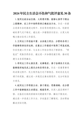 2024年民主生活会不伤和气批评意见30条