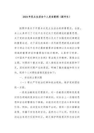 2024年民主生活会个人发言提纲（副市长）