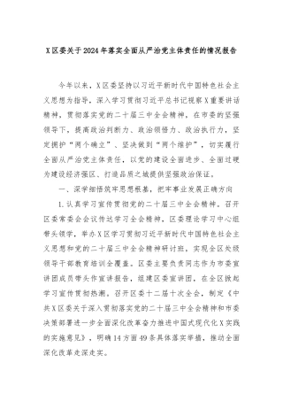 X区委关于2024年落实全面从严治党主体责任的情况报告