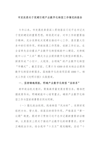 市发改委关于党建引领产业数字化转型工作情况的报告