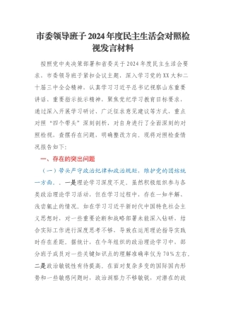 市委领导班子2024年度民主生活会对照检视发言材料