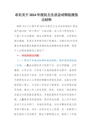 市长关于2024年度民主生活会对照检视发言材料