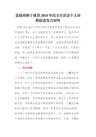 县政府班子成员2024年民主生活会个人对照检查发言材料