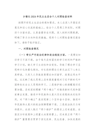 乡镇长2024年民主生活会个人对照检查材料
