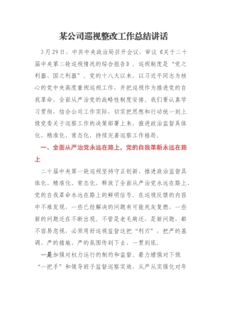 某公司巡视整改工作总结讲话