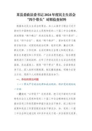 某县委政法委书记2024年度民主生活会“四个带头”对照检查材料