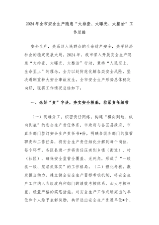 2024年全市安全生产隐患“大排查、大曝光、大整治”工作总结