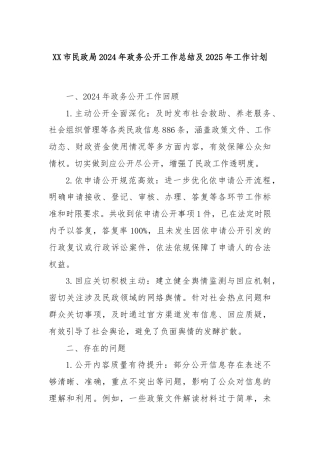 XX市民政局2024年政务公开工作总结及2025年工作计划