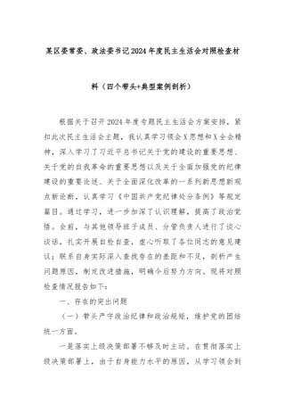 某区委常委、政法委书记2024年度民主生活会对照检查材料（四个带头+典型案例剖析）