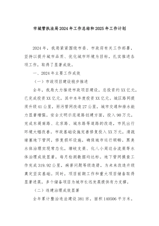 市城管执法局2024年工作总结和2025年工作计划