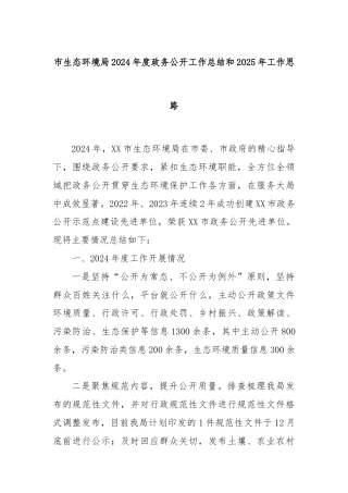 市生态环境局2024年度政务公开工作总结和2025年工作思路