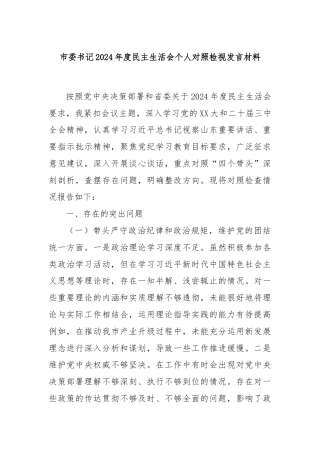 市委书记2024年度民主生活会个人对照检视发言材料