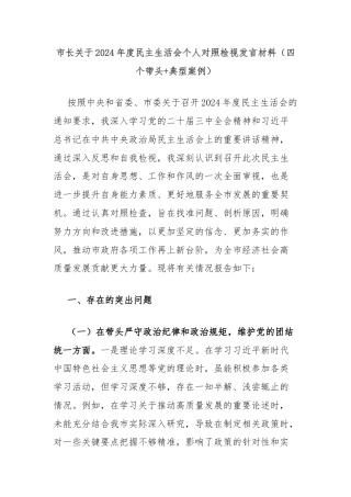 市长关于2024年度民主生活会个人对照检视发言材料（四个带头+典型案例）