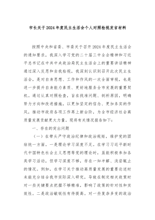 市长关于2024年度民主生活会个人对照检视发言材料