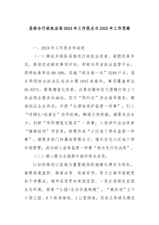 县综合行政执法局2024年工作亮点与2025年工作思路